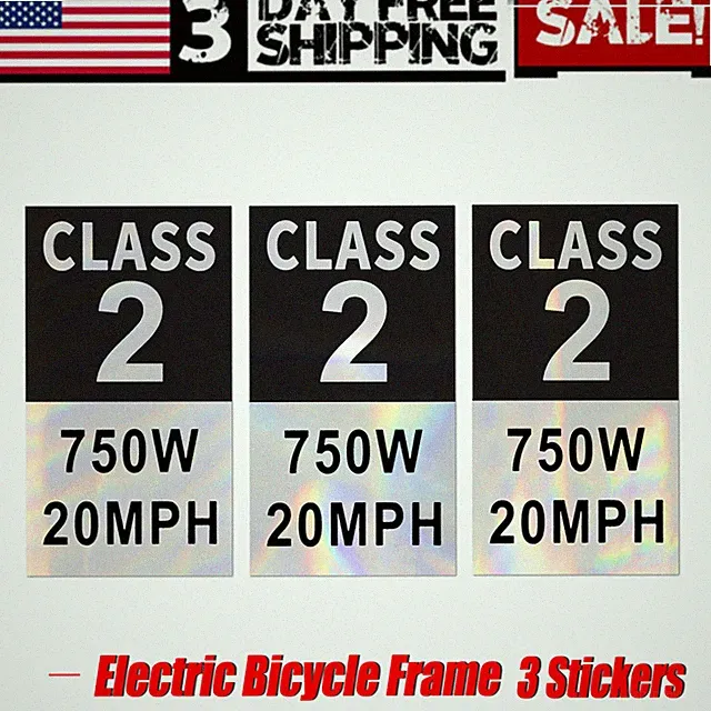 Electric Bicycle Frame Stickers E-Bike Class 2 Stickers Decals 3 Stickers a Pack
