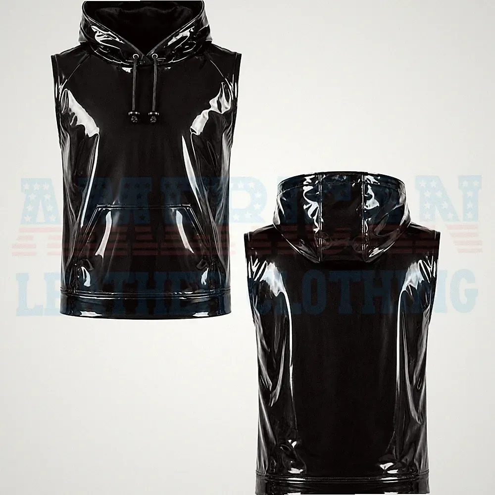 Handmade RIMO Patent Hooded Vest PIET 2XL 56 Black Vinyl PVC Rain Shine Unisex