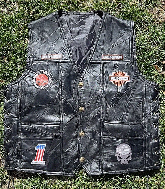 Harley Davidson Men’s Black PVC Leather Motorcycle Vest/Willie G/Decals/Size L