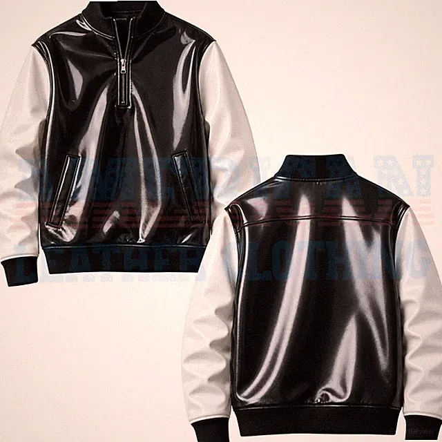 Men's Dual Tone PVC Vinyl Jacket Handmade Punk Fetish EMO 1/4 Zip Sweater