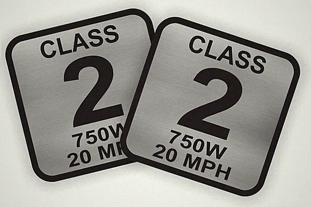 pair 1.5" Square Class 2 E-Bike Silver Stickers Electric Bike Decals 750W 20 MPH