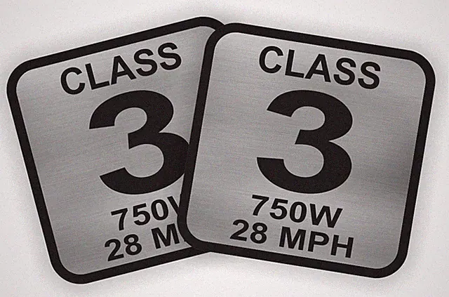 pair 1.5" Square Class 3 E-Bike Silver Stickers Electric Bike Decals 750W 28 MPH