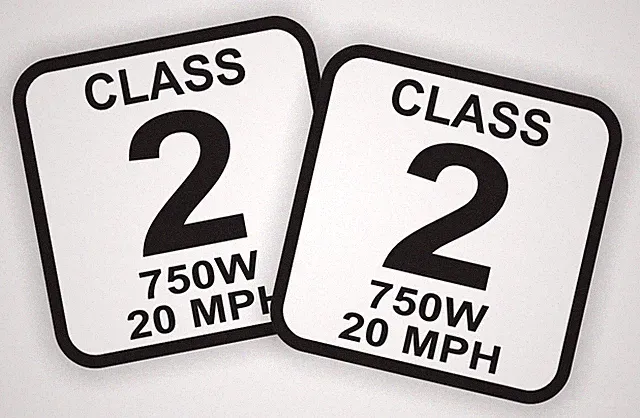 pair - 2" Square Class 2 E-Bike Stickers Electric Bike Decals 750W 20 MPH