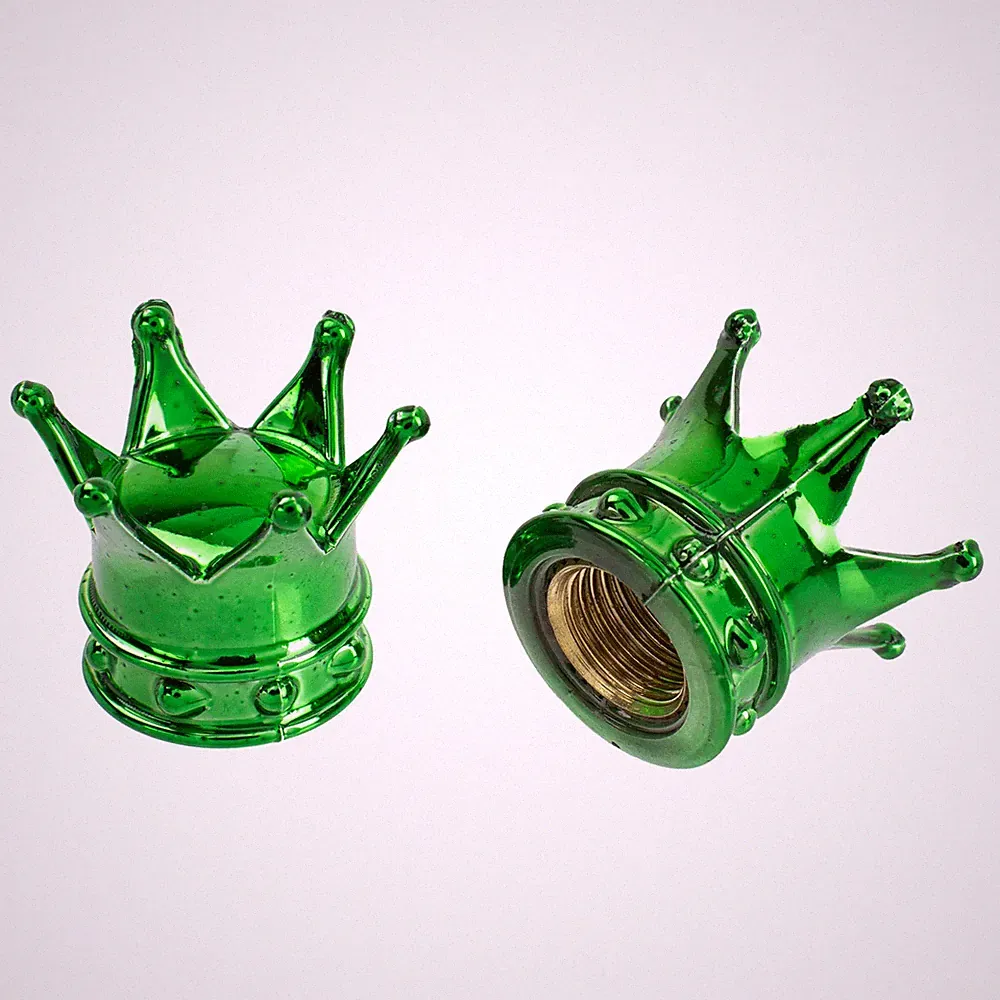 Pair Valve Caps GREEN CROWN Schrader Valve Bicycle Cars Trucks New